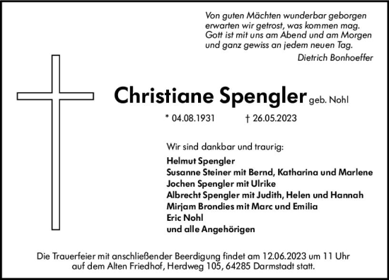 Traueranzeige von Christiane Spengler von Darmstädter Echo