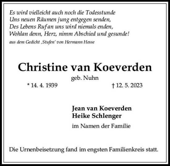 Traueranzeige von Christine van Koeverden von Allgemeine Zeitung Mainz