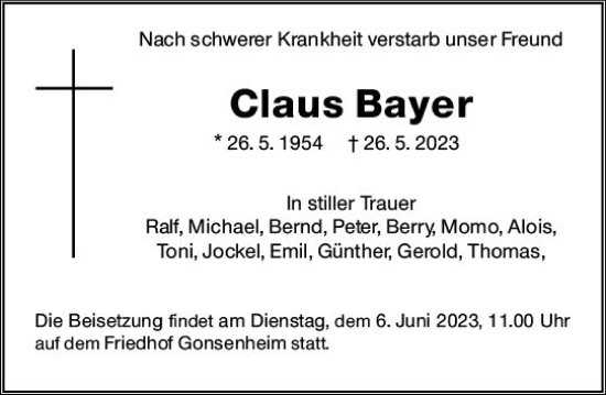 Traueranzeige von Claus Bayer von Allgemeine Zeitung Mainz