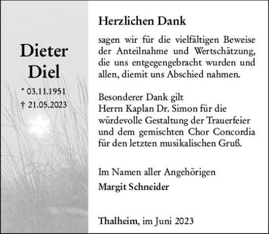 Traueranzeige von Dieter Diel von Nassauische Neue Presse