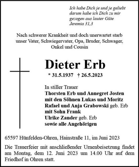 Traueranzeige von Dieter Erb von Wiesbadener Kurier