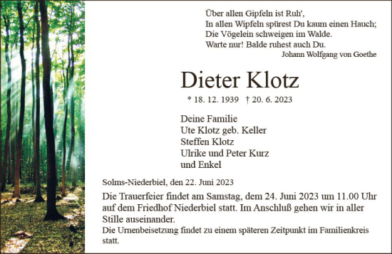 Traueranzeige von Dieter Klotz von Wetzlarer Neue Zeitung