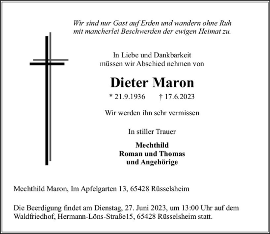 Traueranzeige von Dieter Maron von Rüsselsheimer Echo