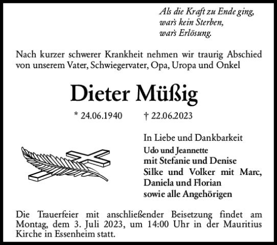 Traueranzeige von Dieter Müßig von Allgemeine Zeitung Mainz