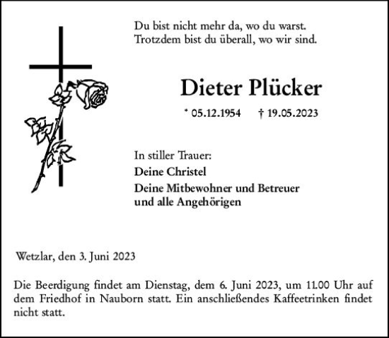 Traueranzeige von Dieter Plücker von Wetzlarer Neue Zeitung