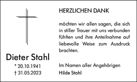 Traueranzeige von Dieter Stahl von Dill Block