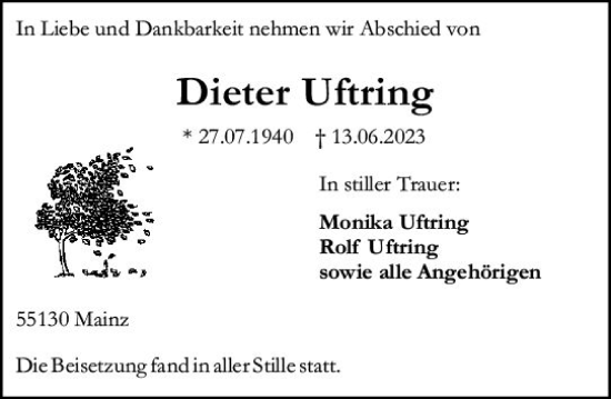 Traueranzeige von Dieter Uftring von Allgemeine Zeitung Mainz