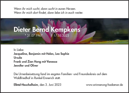 Traueranzeige von Dieter Bernd Kempkens von Nassauische Neue Presse