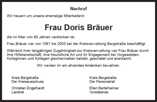 Traueranzeige von Doris Bräuer von Starkenburger Echo