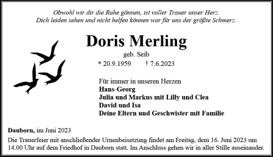 Traueranzeige von Doris Merling von Camberger Anzeiger