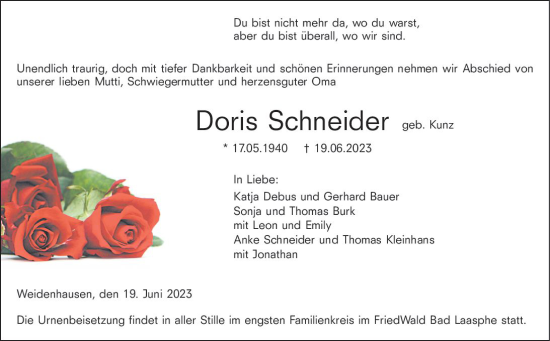Traueranzeige von Doris Schneider von Hinterländer Anzeiger