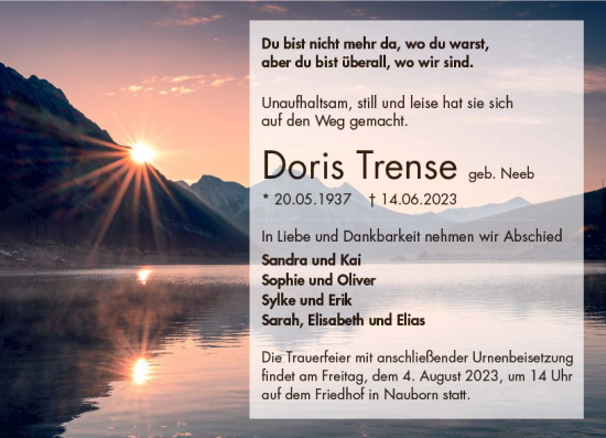 Traueranzeige von Doris Trense von Wetzlarer Neue Zeitung