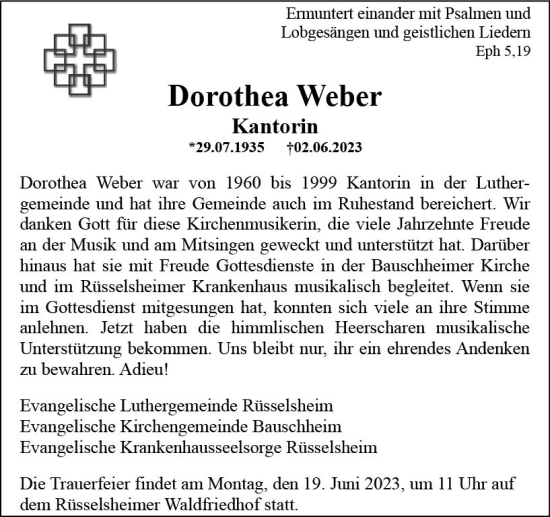 Traueranzeige von Dorothea Weber von Rüsselsheimer Echo