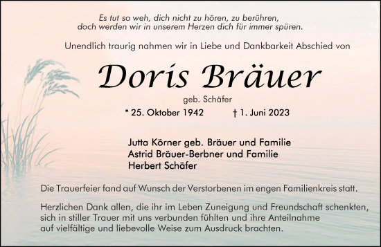 Traueranzeige von Doris Bräuer von Starkenburger Echo
