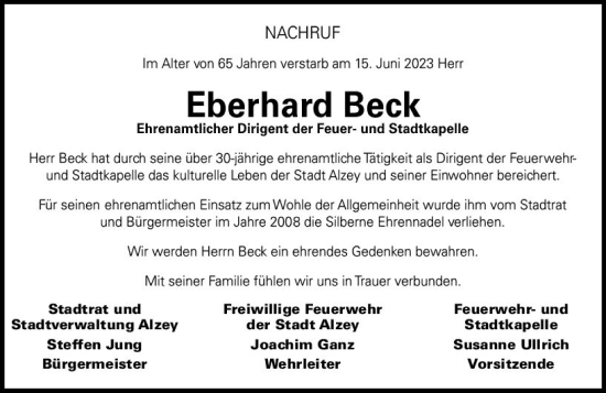 Traueranzeige von Eberhard Beck von Allgemeine Zeitung Alzey