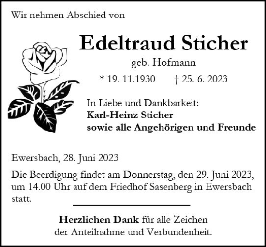 Traueranzeige von Edeltraud Sticher von Dill Block