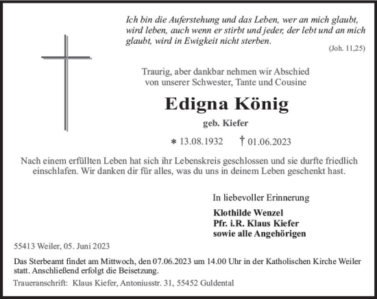 Traueranzeige von Edigna König von Allgemeine Zeitung Bingen/Ingelheim