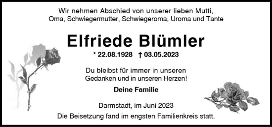 Traueranzeige von Elfriede Blümler von Darmstädter Echo