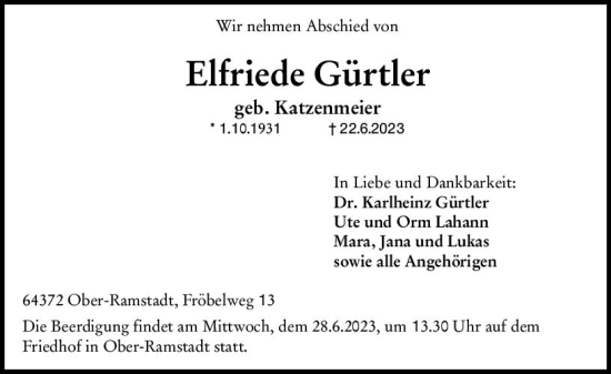 Traueranzeige von Elfriede Gürtler von Odenwälder Echo