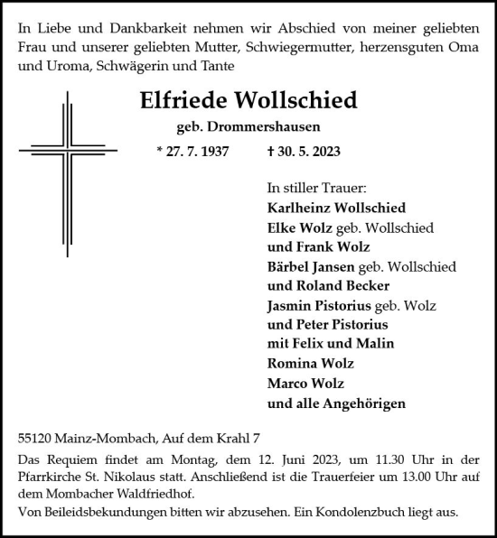 Traueranzeige von Elfriede Wollschied von Allgemeine Zeitung Mainz