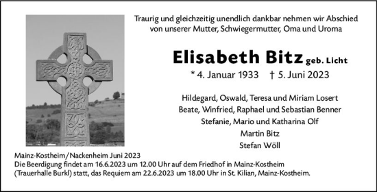 Traueranzeige von Elisabeth Bitz von Allgemeine Zeitung Mainz