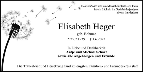 Traueranzeige von Elisabeth Heger von Darmstädter Echo