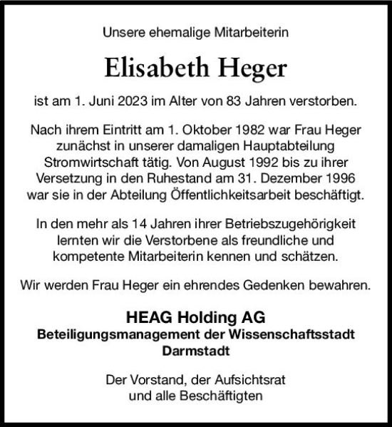 Traueranzeige von Elisabeth Heger von Darmstädter Echo