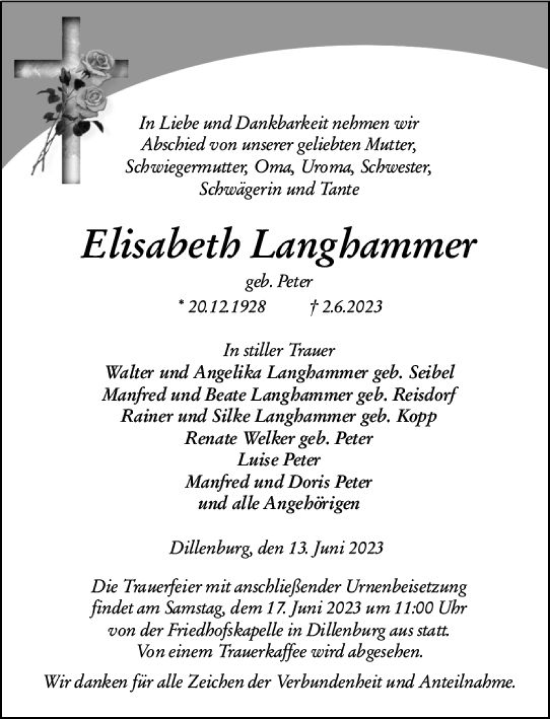 Traueranzeige von Elisabeth Langhammer von Dill Block
