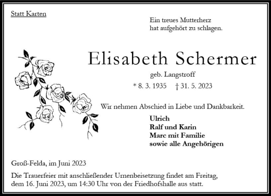 Traueranzeige von Elisabeth Schermer von VRM Trauer