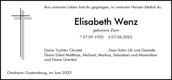 Traueranzeige von Elisabeth Wenz von Allgemeine Zeitung Mainz