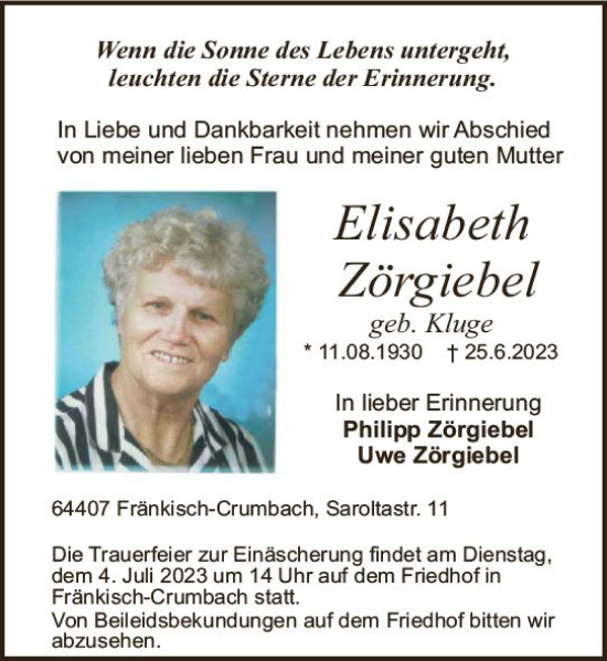 Traueranzeige von Elisabeth Zörgiebel von Odenwälder Echo