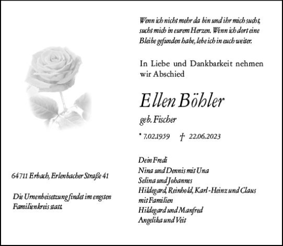 Traueranzeige von Ellen Böhler von Odenwälder Echo