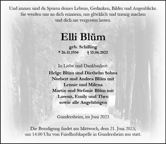 Traueranzeige von Elli Blüm von Wormser Zeitung