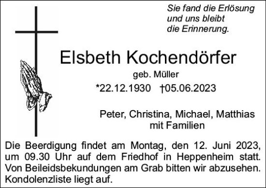 Traueranzeige von Elsbeth Kochendörfer von Starkenburger Echo