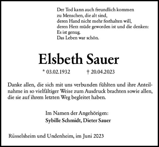 Traueranzeige von Elsbeth Sauer von Allgemeine Zeitung Mainz