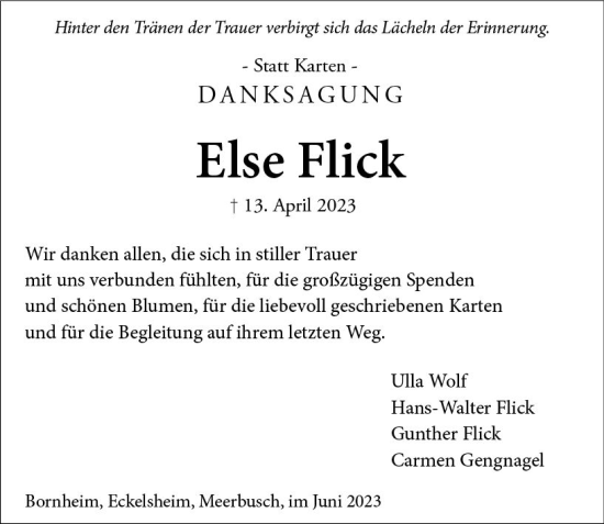 Traueranzeige von Else Flick von Allgemeine Zeitung Alzey