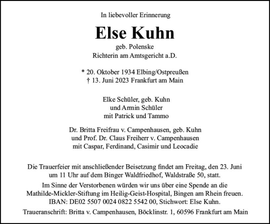 Traueranzeige von Else Kuhn von Allgemeine Zeitung Bingen/Ingelheim