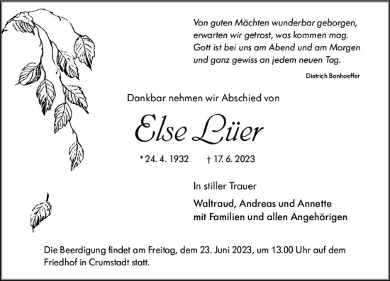 Traueranzeige von Else Lüer von Groß-Gerauer Echo