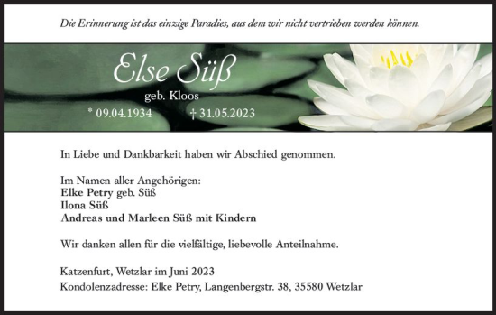 Traueranzeige von Else Süß von Wetzlarer Neue Zeitung