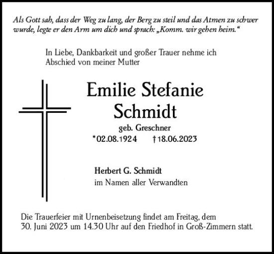 Traueranzeige von Emilie Stefanie Schmidt von Dieburger Anzeiger/Groß-Zimmerner Lokal-Anzeiger