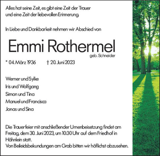 Traueranzeige von Emmi Rothermel von Darmstädter Echo
