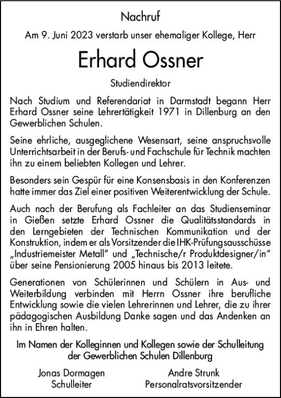 Traueranzeige von Erhard Ossner von Dill Block