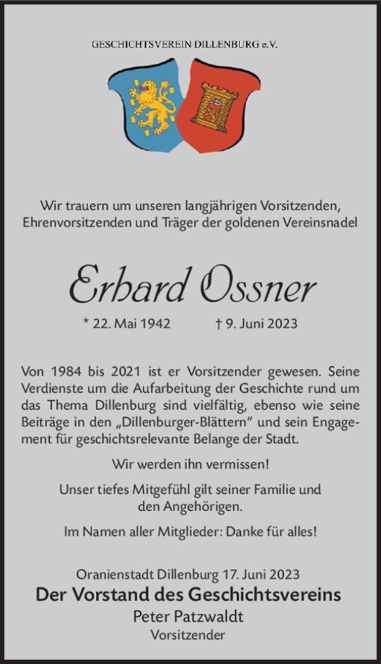 Traueranzeige von Erhard Ossner von Dill Block