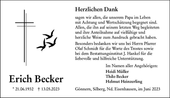 Traueranzeige von Erich Becker von Hinterländer Anzeiger