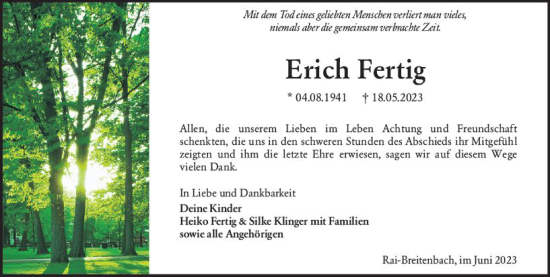 Traueranzeige von Erich Fertig von Odenwälder Echo