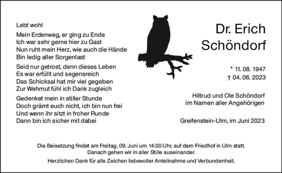 Traueranzeige von Erich Schöndorf von Wetzlarer Neue Zeitung