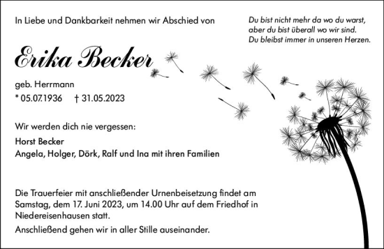 Traueranzeige von Erika Becker von Hinterländer Anzeiger