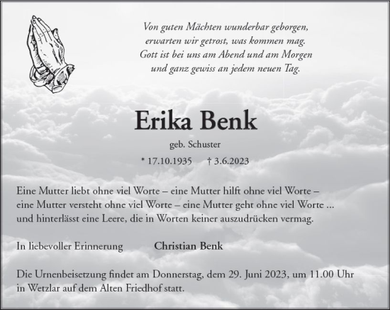 Traueranzeige von Erika Benk von Wetzlarer Neue Zeitung