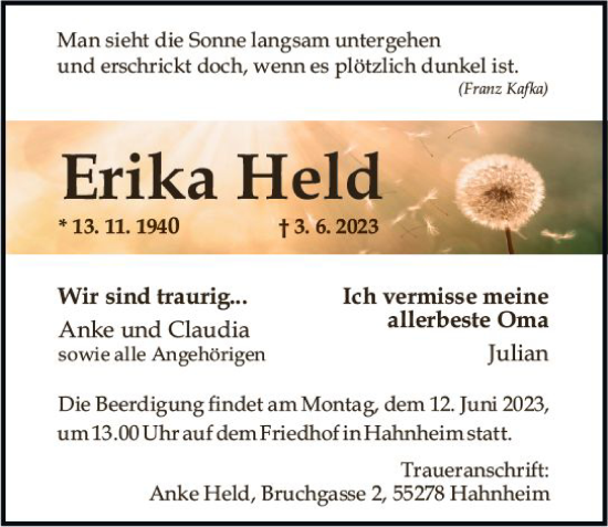 Traueranzeige von Erika Held von Allgemeine Zeitung Mainz