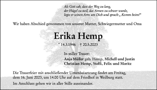 Traueranzeige von Erika Hemp von Weilburger Tageblatt